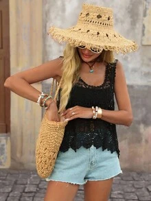 Brillora Woman's Water-Soluble Embroidery Knitted Vacation Blouse - Black - View 5