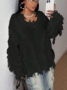 Maweii 大码女装毛衣长袖套头衫纯色白色V领破洞针织毛衣设计感宽松休闲万圣节朋克朋克针织毛衣女装日常通勤上衣秋冬黑色辣妹针织毛衣 - 黑色 - 查看 7