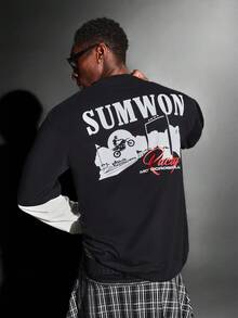 SUMWON 越野摩托车图案印花双层长袖 T 恤圆领赛车街头服饰摩托车俱乐部设计秋冬休闲装 - 黑色 - 查看 6