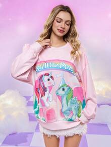 My Little Pony X SHEIN Women's Cute Pony Print Round Neck Drop Shoulder Sweatshirt, Autumn Aesthetic Tops Kawaii Aesthetic Pink Sweatshirt Romwe Kawaii