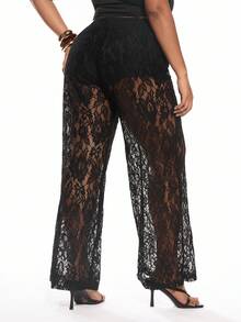 Solavibe 大码夏季黑色复古蕾丝透视直筒休闲裤 - 黑色 - 查看 3