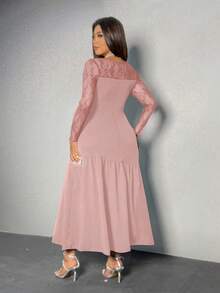 Viva Relle Plus Size Lace Sleeve Wide A-Line Solid Color Dress - Pink - View 2