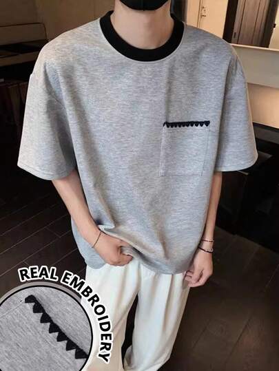 Manfinity Dauomo Men's Contrast Trim Pocket Casual Loose Fit Round Neck Short Sleeve T-Shirt