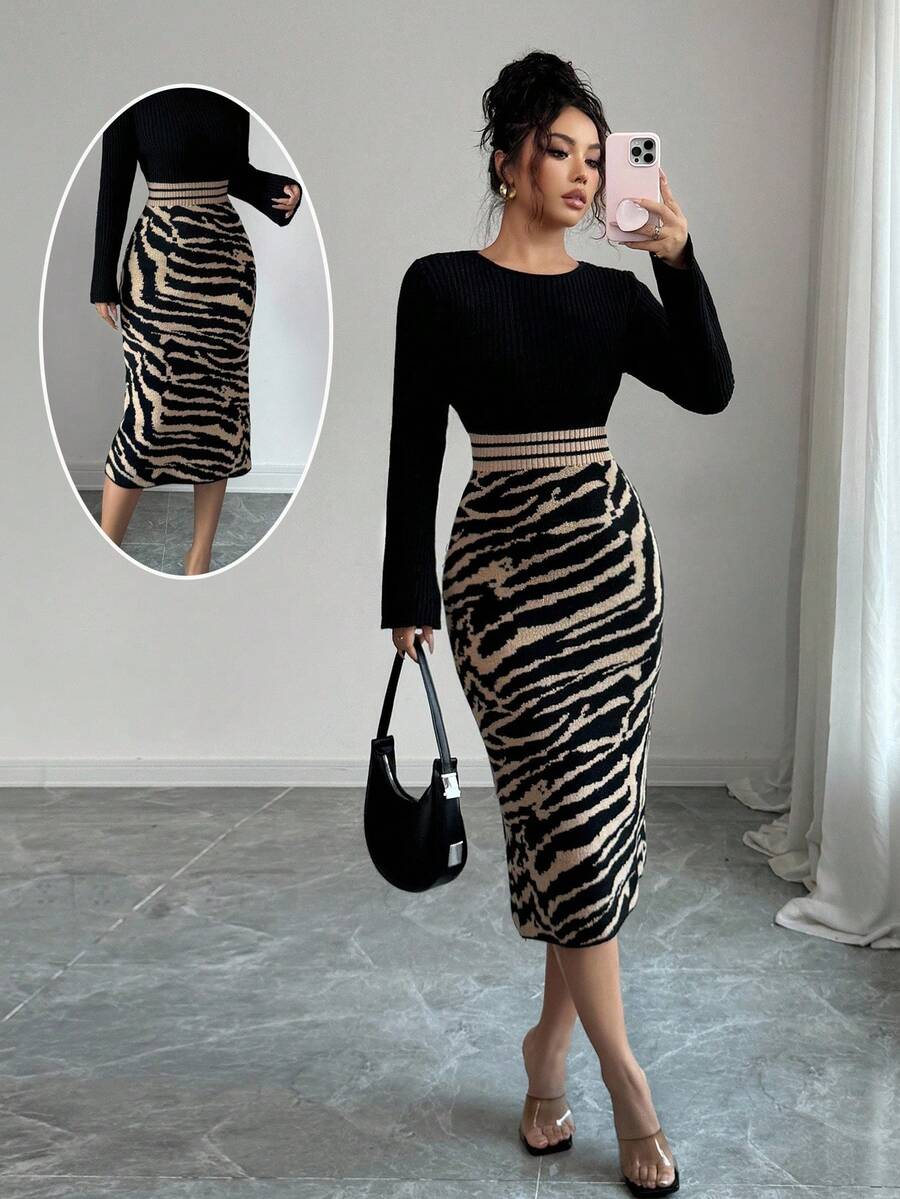 Elenzga 经典独特时尚斑马条纹针织圆领连衣裙，小众设计时尚迷人女士毛衣裙