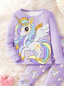 1 套女婴独角兽印花长袖上衣和紧身彩虹独角兽星星印花打底裤睡衣套装，适合居家和户外穿着 - 紫色 - 查看 4