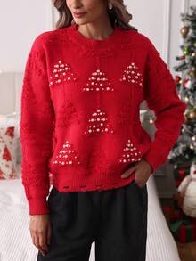 Louniche Women Crew Neck Long Sleeve Faux Pearl Decor Casual Pullover Sweater - Red - View 3