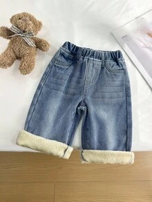 SHEIN Quần jean dài rộng rãi màu xanh dương kiểu Y2K cho bé gái, có lớp lót giữ nhiệt, thích hợp cho mùa thu, mùa đông, phong cách thường ngày và thời trang, đi nghỉ mát, dạo phố. Có thêm lớp lót lông cừu và chất liệu dày dặn giúp giữ ấm. - Rửa tối - Xem 4