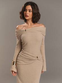 Aloruh Women's New Year's Look Autumn And Winter Khaki Apricot One-Shoulder Off-Shoulder Simple Fashion Street Pleated Waist Metal Decoration Slim Long Skirt, Versatile Long-Sleeved Knitted Dress, Autumn And Winter Base Dress Prom Dress,Vestidos Elegantes