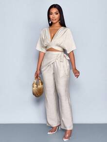 SOLERSUN Women's Boho Beach Linen Viscose Deep V Neck Backless Ruched Crop Tie Back Blouse,Suitable For Vacation