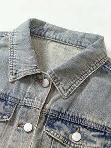 SHEIN PETITE Áo khoác denim ngắn tay rách một hàng khuy đơn dành cho nữ, mùa thu - Màu xanh lam - Xem 5
