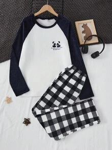 2pcs Teenage Boys Plush Flannel Pajama Set, Panda Embroidery Round Neck Long Sleeve Top And Casual Plaid Flannel Straight Leg Pants, Comfortable Loungewear For Autumn/Winter Fall - Black and White - View 5