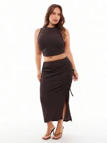 SHEIN EZwear Plus Size Women Summer Casual Solid Color Ruffle Slim Cropped Tank Top And Drawstring Ruffle High Slit Skirt 2 Pieces SetSummer Outfits For Women Brown Two Piece Set - Coffee Brown - View 4