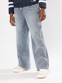 SUMWON Cotton Wide Leg Denim Jeans Baggy Aesthetic Y2K Skater Style Wave Seam Detailing Retro Streetwear Fall Winter Bottoms With Drawstring Waist - Baby Blue - View 1