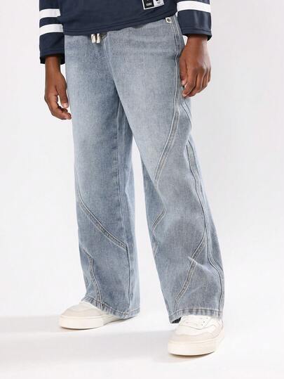 SUMWON Cotton Wide Leg Denim Jeans Baggy Aesthetic Y2K Skater Style Wave Seam Detailing Retro Streetwear Fall Winter Bottoms With Drawstring Waist