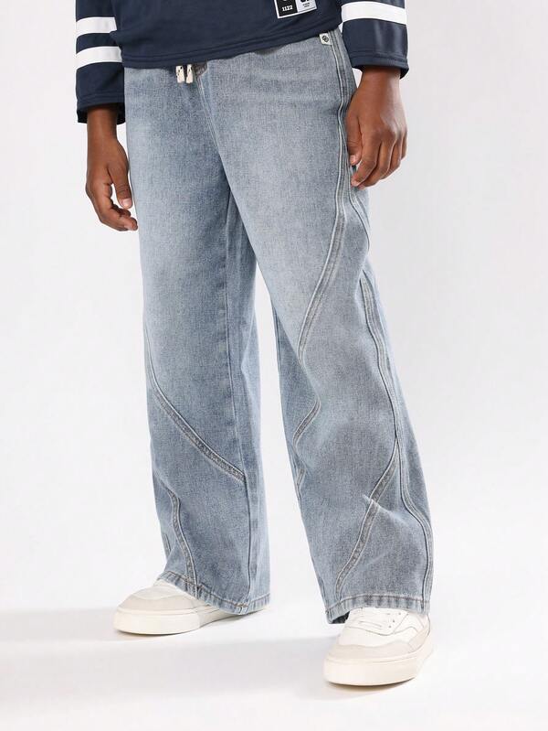 SUMWON 棉质阔腿牛仔裤宽松美感 Y2K 滑板风格波浪接缝细节复古街头风秋冬裤腰抽绳