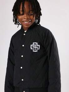 SUMWON Quilted Bomber Jacket Winter Kids Varsity Style Outerwear With Monogram Logo Classic Hip Length Fashion Youth Streetwear Snap Button Closure - Black - View 6