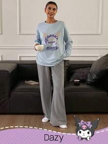 DAZY HELLO KITTY AND FRIENDS | SHEIN 女士休闲宽松字母印花长袖上衣和裤子睡衣套装，秋季、秋冬季服装 - 淺藍色 - 查看 6