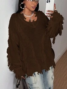 Maweii 大码女长袖纯色V领破洞针织衫宽松休闲日常通勤秋冬 - 棕色 - 查看 4