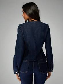 MISSGUIDED Linen Cotton Fitted Denim Button Up Jacket Structured High Fashion Professional Workwear Fall Winter Classic Office Style Casual Outerwear