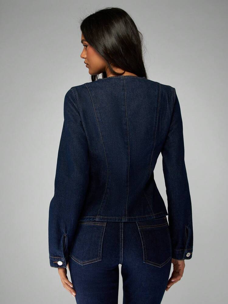 MISSGUIDED Linen Cotton Fitted Denim Button Up Jacket Structured High Fashion Professional Workwear Fall Winter Classic Office Style Casual Outerwear