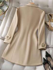 SHEIN PETITE Abrigo largo de mujer con cuello de botones, digno y elegante, para otoño e invierno - Albaricoque - Ver 2