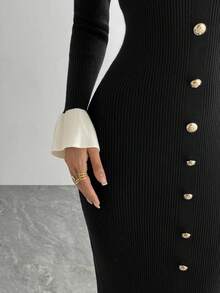 DAZY 女式优雅拼色荷叶边下摆毛衣裙，秋季 - 黑色 - 查看 7