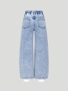 Sparklyn Tween Girls Denim Jeans, Y2K Style, Casual & School, Loose Wide-Leg, Suitable For Spring, Summer, Autumn, Winter Fall Bow Embroidery Jeans - Light Wash - View 2