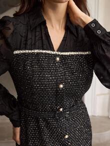 ZEYLAH Vestido feminino de tweed com recortes e patchwork, cintura marcada e corte em A - Preto - Ver 2