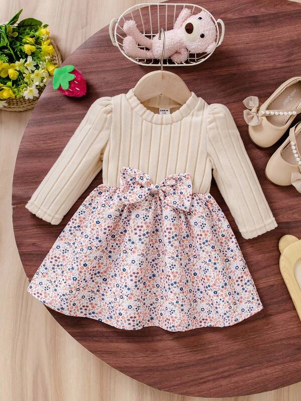 SHEIN Vintaside Kids فستان كاجوال طويل الأكمام مضلع مطرز بزهور صغيرة للبنات الصغار، خريفي