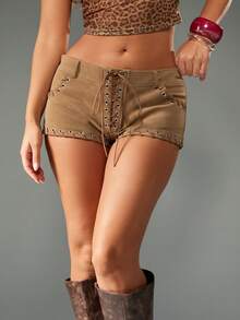 MISSGUIDED 女式波西米亚风绒面系带热裤高腰做旧皮革短裤金属孔眼西部夏日海滩派对 - 卡其色 - 查看 3