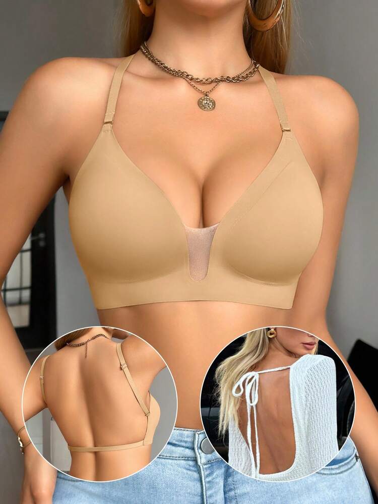 DesireSculpt 1 pieza Sujetador de mujer de unicolor minimalista y casual con escote en V profundo, tirantes finos y espalda descubierta - Albaricoque - Añade 2