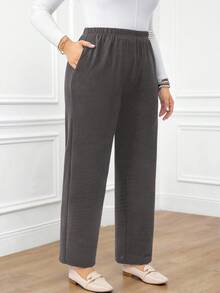 Miaspire Plus Size Women's Casual Daily Black Long Pants With Pockets/Winter Fall - Dark Grey - View 4