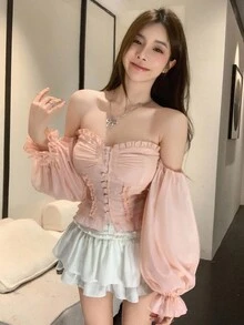 DAZY 女士露肩泡泡袖修身雪纺上衣，适合婚礼、约会、休闲穿着，长袖上衣，嘉年华外出上衣 - 藕粉色 - 查看 6