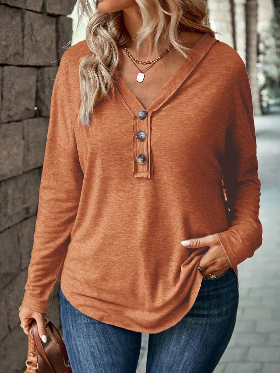 EMERY ROSE Áo thun tay dài cổ chữ V màu trơn cỡ lớn, thường ngày, cài nút - trái cam - Xem 1