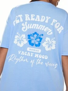 SHEIN EZwear 母亲节加大码字母与花朵图案圆领短袖 T 恤，休闲宽松加大码套头衫，适合春夏季海滩 - 淺藍色 - 查看 3