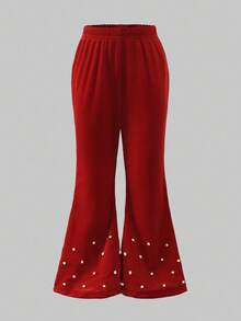 女童春秋休闲装，红色蝴蝶结装饰针织天鹅绒拼布衬衫，荷叶边下摆，搭配仿珍珠喇叭裤，2 件套，适合返校、休闲、时尚、甜美、舒适的户外/旅行穿着