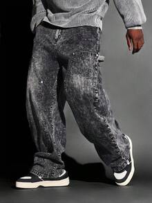 Quần jeans thợ mộc dáng rộng SUMWON bằng cotton, kiểu dáng vintage rách rưới, ống rộng, chất liệu denim tiện dụng với nhiều túi, thích hợp cho thời trang đường phố. - màu đen - Xem 4