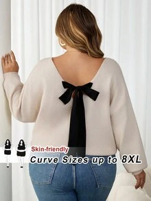 SHEIN CURVE+ Plus Size Women Casual V-Neck Bowknot Open Back Loose Pullover Sweater, Autumn/Winter Knit Top - Apricot - View 8