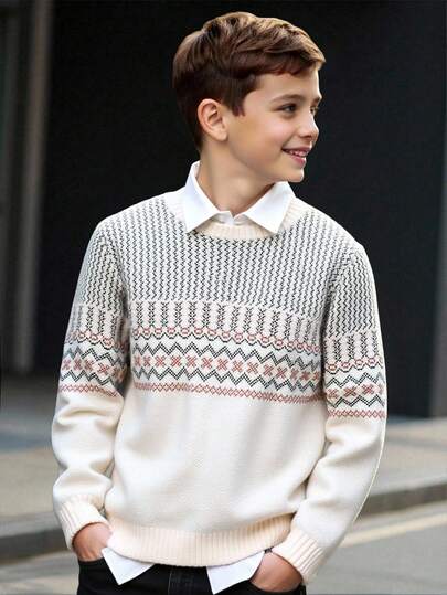 SHEIN Tween Jungen Lässig vielseitiger gestrickter Vintage Geometrisches Muster Hoodie Pullover, Herbst/Winter