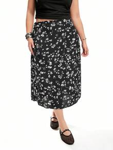 SHEIN EZwear 女式花卉印花松紧腰宽松下摆休闲裙，夏季 - 黑與白 - 查看 3