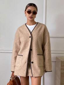 DAZY 2pcs/Set Women Contrast Trim Thickened Teddy Fleece Jacket & A-Line Skirt Casual Elegant Outfit, Autumn/Winter - Khaki - View 6