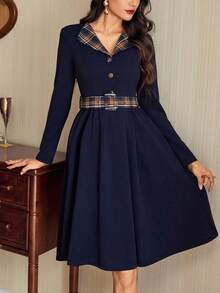 Vintamour Váy dự tiệc thanh lịch cổ điển dành cho nữ có túi, thắt lưng, kẻ caro, chắp vá, màu tương phản, thường ngày, đi làm, nghỉ mát, ngày lễ, váy dài maxi, màu xanh nước biển, váy dài tay, váy cổ kẻ caro, váy mùa thu, váy có thắt lưng, quần áo mùa thu cho nữ, quần áo mùa thu cho nữ, trang phục mùa thu cho nữ, trang phục mùa thu cho nữ, quần áo mùa đông cho nữ, quần áo Giáng sinh cho nữ, trang phục Giáng sinh cho phụ nữ, trang phục Ngày Quốc khánh Ả Rập Xê Út, váy thanh lịch cho nữ, năm mới - Màu xanh lam - Xem 2