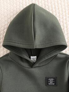 SHEIN 2pcs/Set Baby Boy/Girl Casual Sports Letter Graphic Pocket Hoodie & Elastic Waist Pants Set, Suitable For Autumn/Winter Baby Boy Winter Sets Baby Casual Sets - Army Green - View 5
