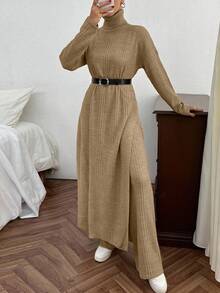 EURMUSE Women Solid Color Rib Knit Turtleneck Slit Detailed Long Sweater Dress & Sweater Pants Set - Camel - View 3
