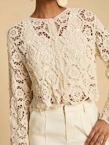 Travachic Cardigan décontracté à manches longues et ajouré pour femmes, léger, pour l'automne. Hauts au crochet pour femmes, pour les fêtes de Noël, le Nouvel An, les invités de mariage, la remise des diplômes élégante, le bal de promo de luxe, le style décontracté - Nude - Voir 3