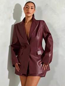 SHEIN BAE 秋冬大码女式纯色翻领长袖单排扣PU皮革时尚西装外套 - 酒紅色 - 查看 7
