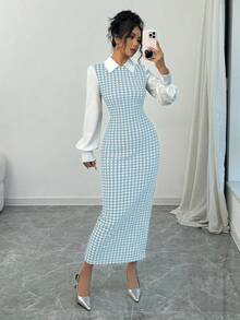 Selianne 时尚简约优雅修身长款拼接泡泡袖衬衫领千鸟格图案面料女式长裙秋冬季超长女装 - 淺藍色 - 查看 5