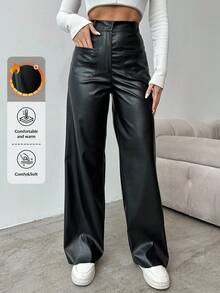 EURMUSE Women's Solid Color Pocket Button Casual Versatile Commuting Wide Leg Pants - Black - View 1