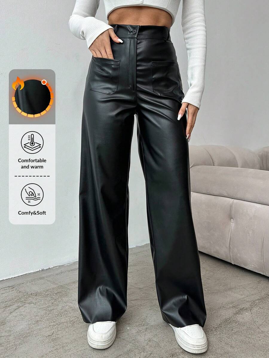 EURMUSE Women's Solid Color Pocket Button Casual Versatile Commuting Wide Leg Pants - Black - View 1