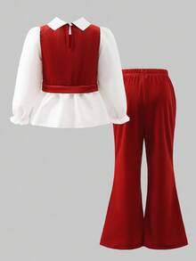 女童春秋休闲装，红色蝴蝶结装饰针织天鹅绒拼布衬衫，荷叶边下摆，搭配仿珍珠喇叭裤，2 件套，适合返校、休闲、时尚、甜美、舒适的户外/旅行穿着